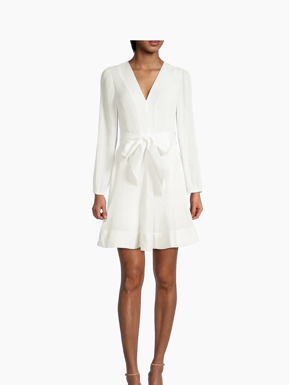 Milly White V-Neck Long-Sleeve Tie-Waist Mini Dress